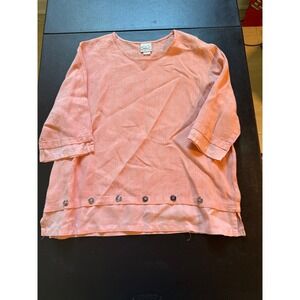 Vintage Donna Made in USA Pink 100% Linen Button Hem Blouse Top Large L-411